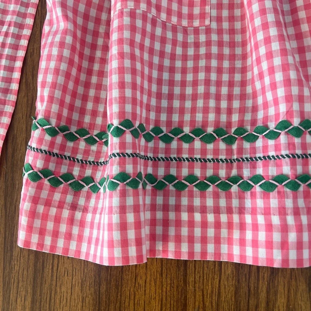 Vtg Pink & White Gingham Check Apron w/ Hand Stitched Embroidery Rick Rack‎ Trim